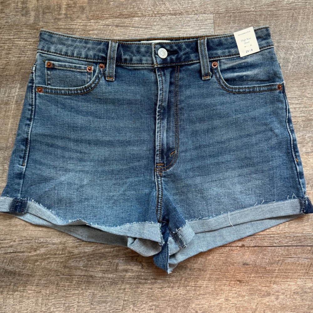 Abercrombie & Fitch High Rise Short Size 29 8 Blue Denim Raw Hem Cuffed NEW
